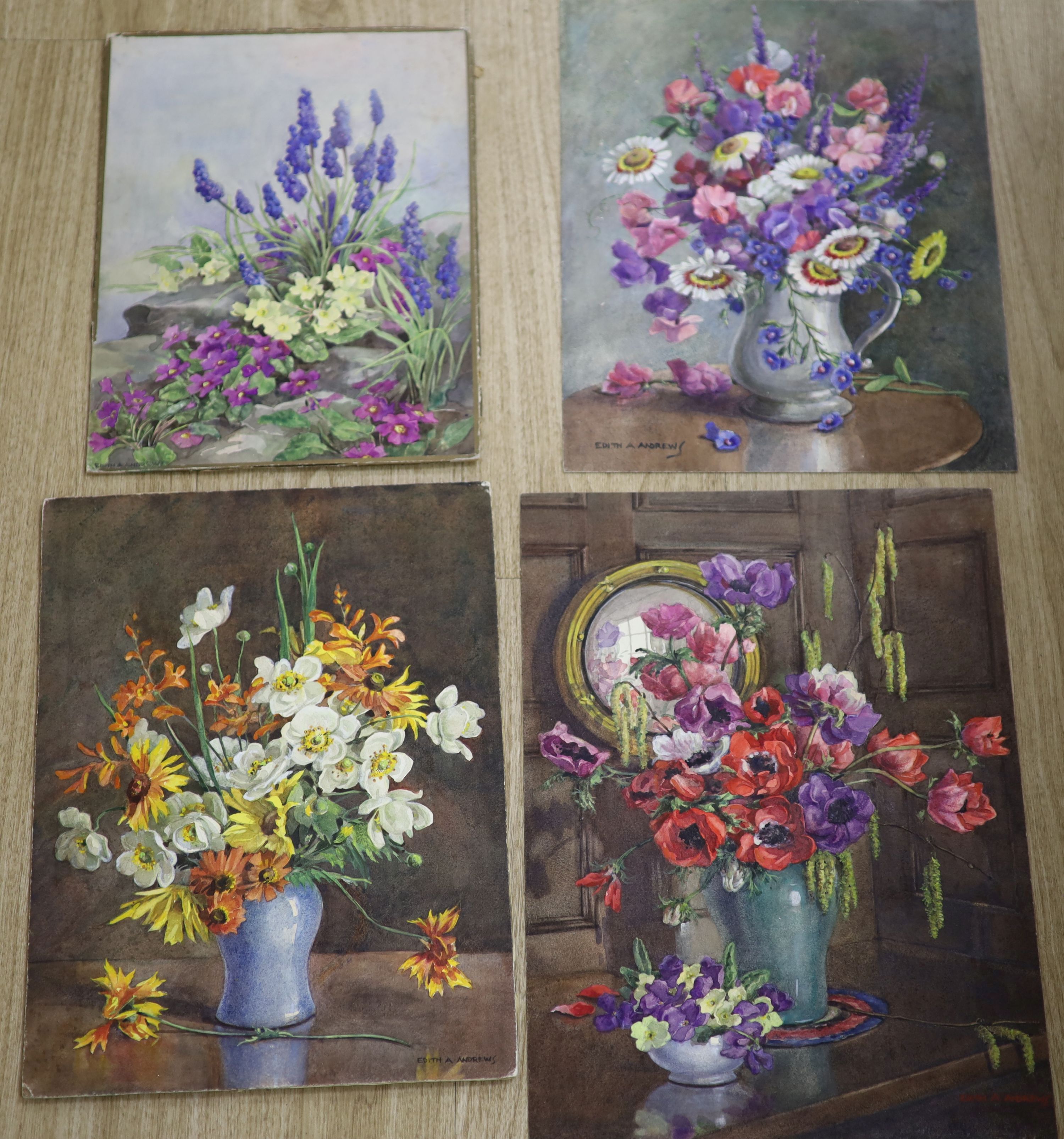 Edith Alice Andrews (1873-1958), 'In the Rock Garden' and three still life watercolours of flowers 44 x 32cm (largest)